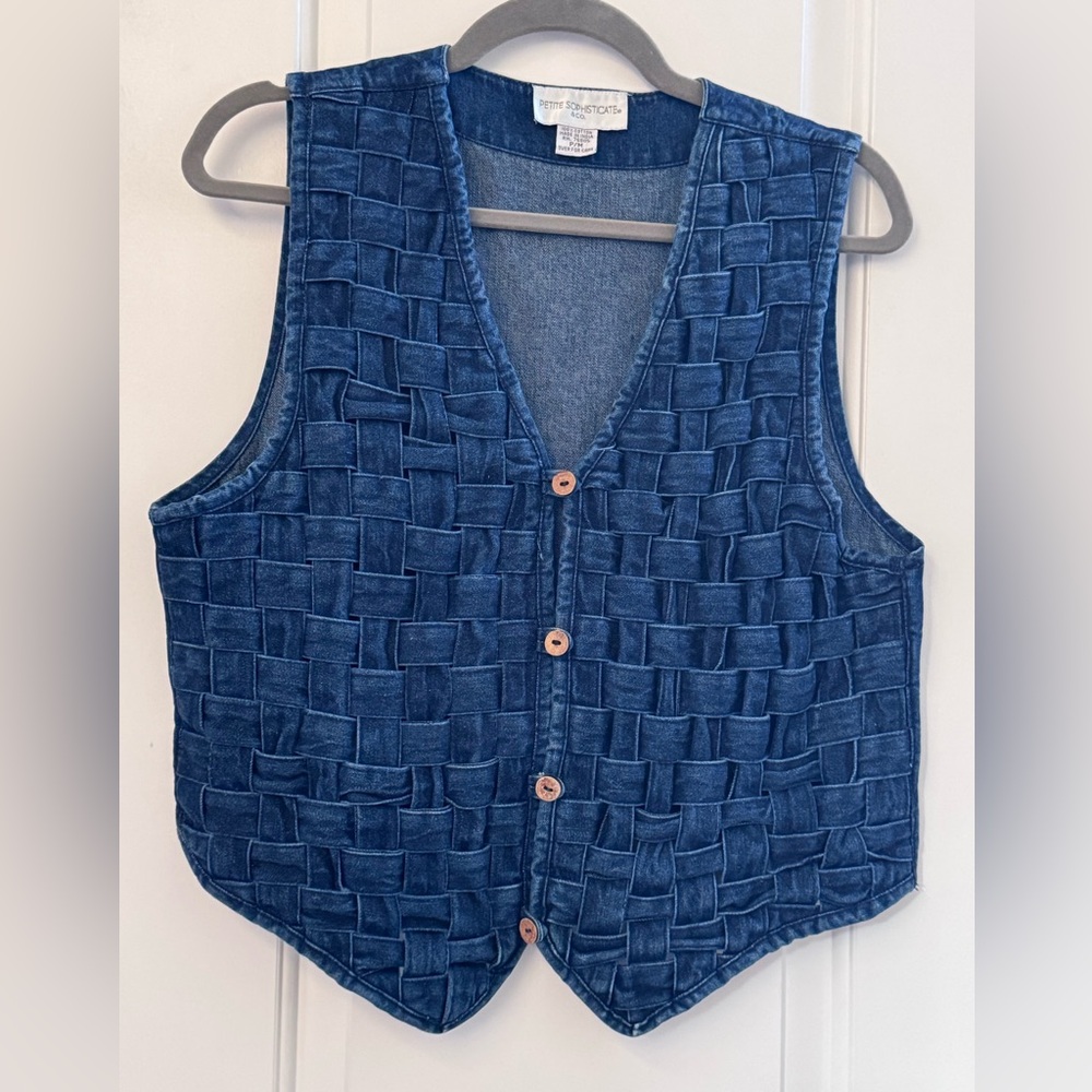 VTG Petite Sophisticate basket weave blue denim vest MP Western 90’s Boho Woven